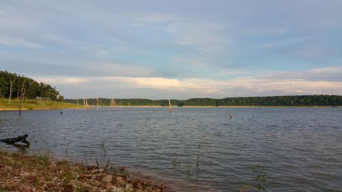 Scenic view of lake against cloudy sky