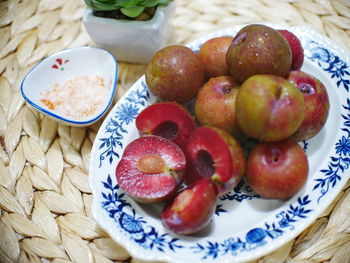 High angle view of fruits in bowl on table