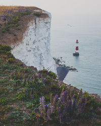 Scenic view of sea by rocks against sky