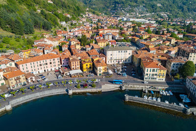 High angle view of townscape by canal