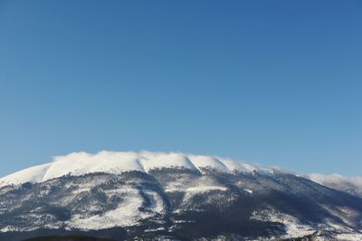 Low angle view of snowcapped mountains against clear blue sky