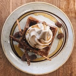 High angle view of dessert in plate on table