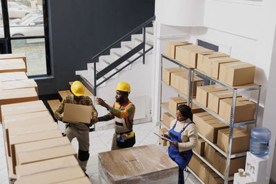 High angle view of man working at home