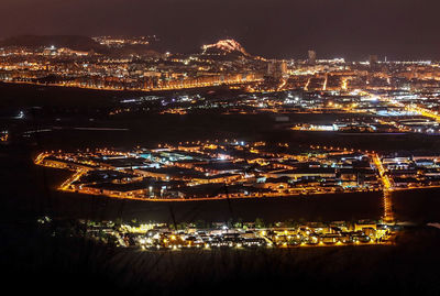 High angle view of illuminated city buildings at night