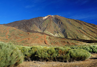 Landscape against rocky mountains and blue sky