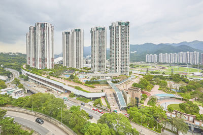 High angle view of buildings against sky