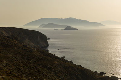 Scenic morning view of santorini from folegandros island  against clear sky