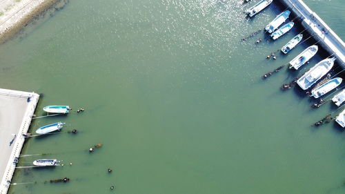 High angle view of boats moored in lake