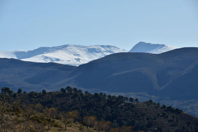 Scenic view of snowcapped mountains against clear sky