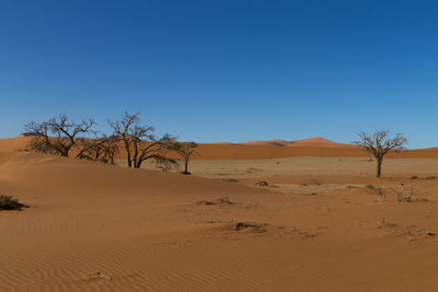 Scenic view of desert against clear blue sky