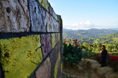 Rear view of people on walkway amidst plants against sky