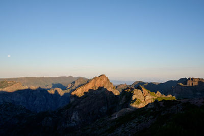 Scenic view of mountains against clear blue sky