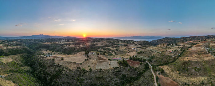 High angle view of landscape against sky during sunset