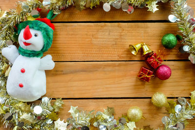 High angle view of christmas decoration on table