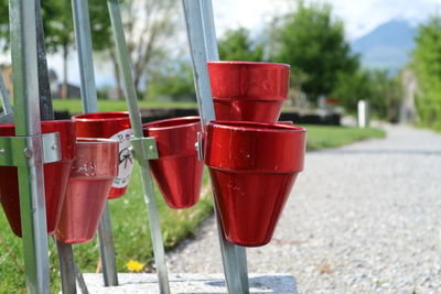 Close-up of red wine in glass container