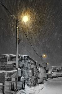 Illuminated street amidst buildings against sky at night