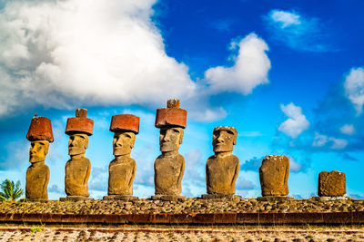 Statues on retaining wall against sky