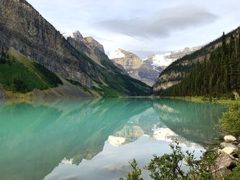 Scenic view of lake and mountains against sky