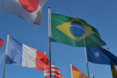 Low angle view of flags waving against clear blue sky