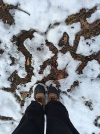 Low section of man standing on snow