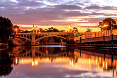 Bridge over river against sky during sunset