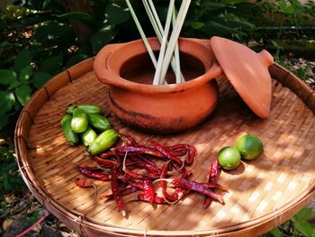 High angle view of fruits in container on table