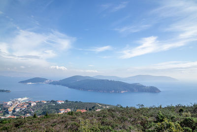 Scenic view of townscape by sea against sky