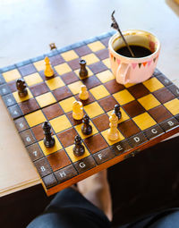 High angle view of coffee cup on table