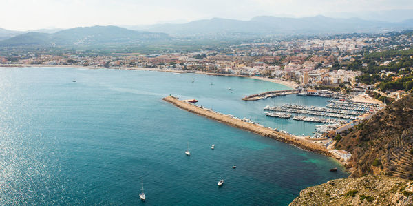 High angle view of bay and city