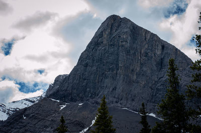 Low angle view of snowcapped mountains against sky