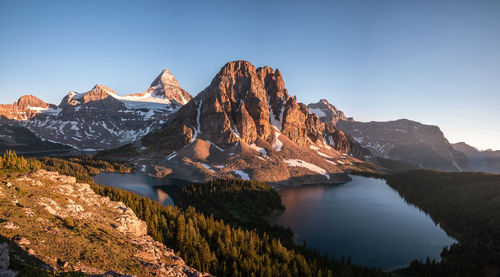 Scenic view of snowcapped mountains against clear sky