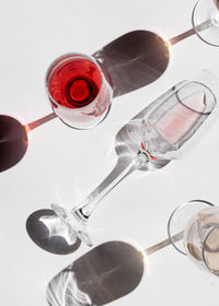 High angle view of wine glass bottle on table