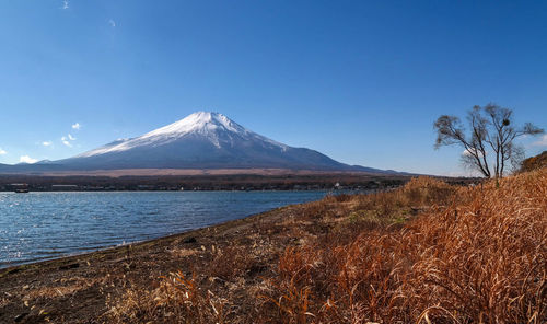 Scenic view of snowcapped mountains against blue sky