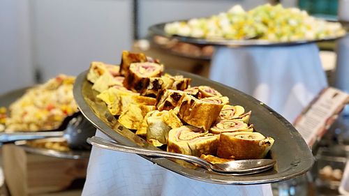 Close-up of food served on table buffet italian hotel 