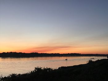 Scenic view of lake against sky at sunset