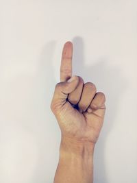 Close-up of human hand against white background