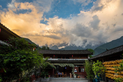 Plants amidst houses against cloudy sky during sunset