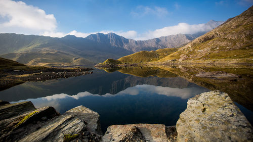 Scenic view of lake by mountains against sky