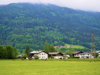 Scenic view of field by houses and trees against mountains