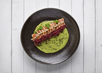 Directly above shot of food in plate on table