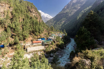 Scenic view of river amidst trees and mountains