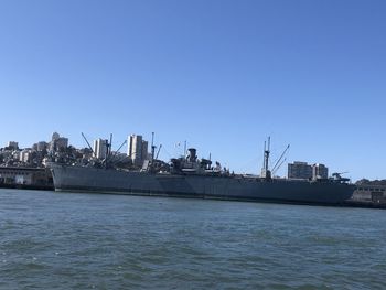 Panoramic view of sea against clear blue sky