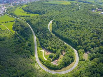 High angle view of road amidst trees