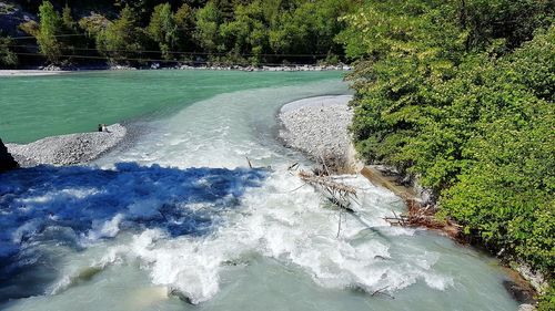 Scenic view of river in forest against sky