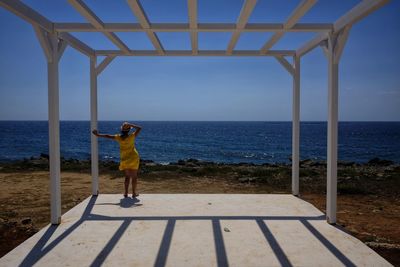 Rear view of woman standing at beach