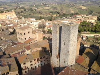 High angle view of buildings in town