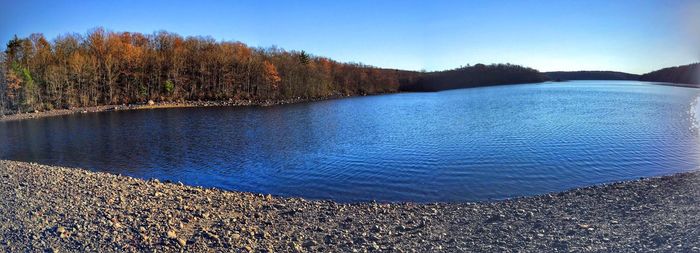 Scenic view of lake against clear blue sky