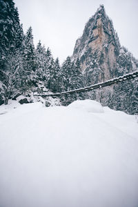 Snow covered landscape against clear sky