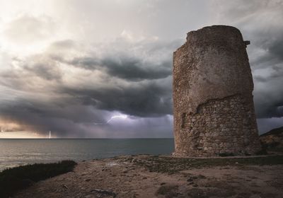 Scenic view of sea against storm clouds