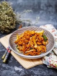 Close-up of food served on table